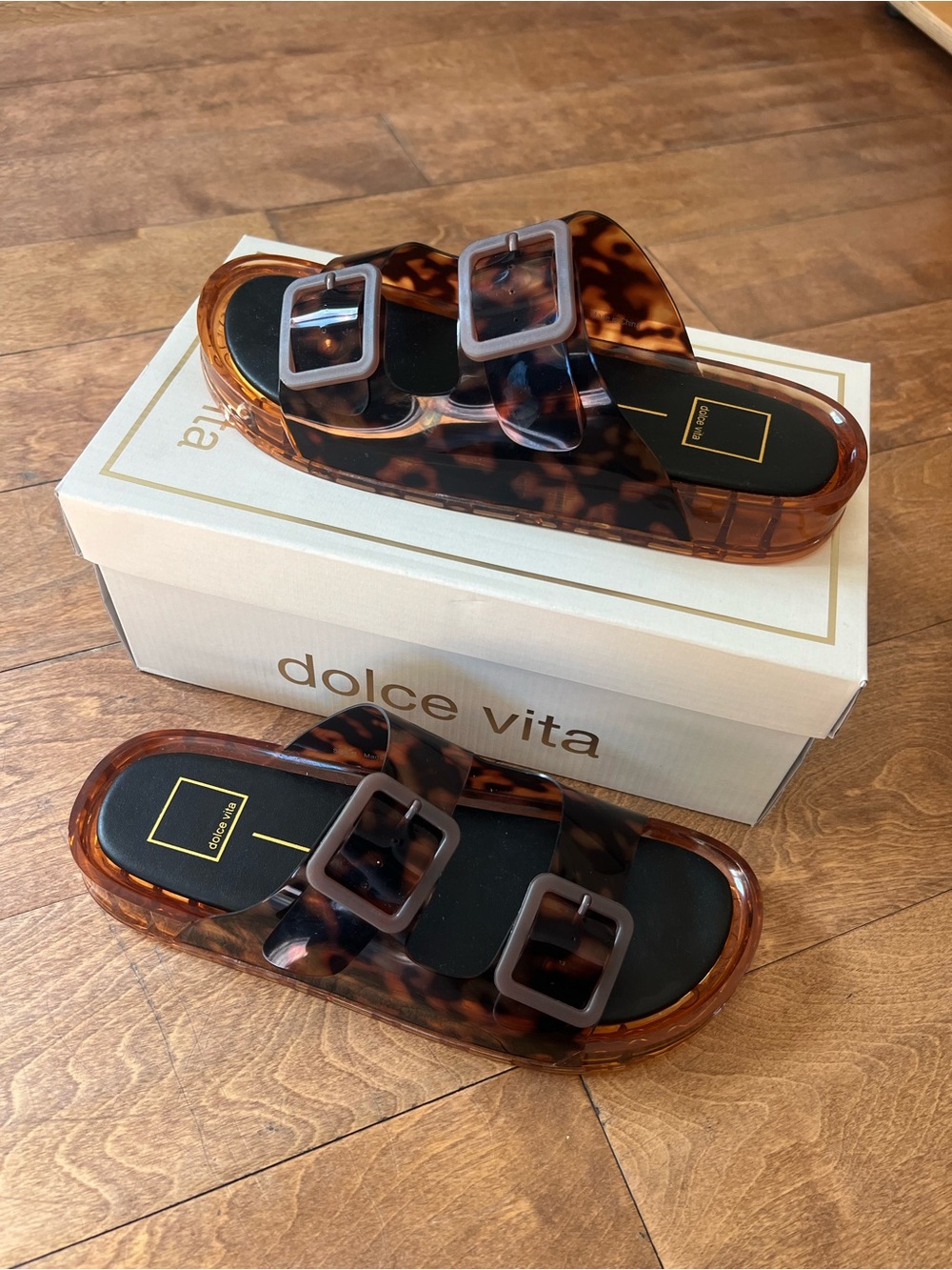 Dolce Vita Brown Tortoiseshell Jelly Slide Sandals with Buckles